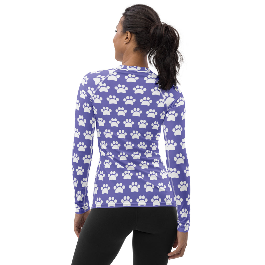 Women's Purple Paw Print Long Sleeve Rash Guard Swim Shirt – Buttery Soft, Sun Safe UPF 50+ Protection, Quick Dry & 4-Way Stretch Comfort