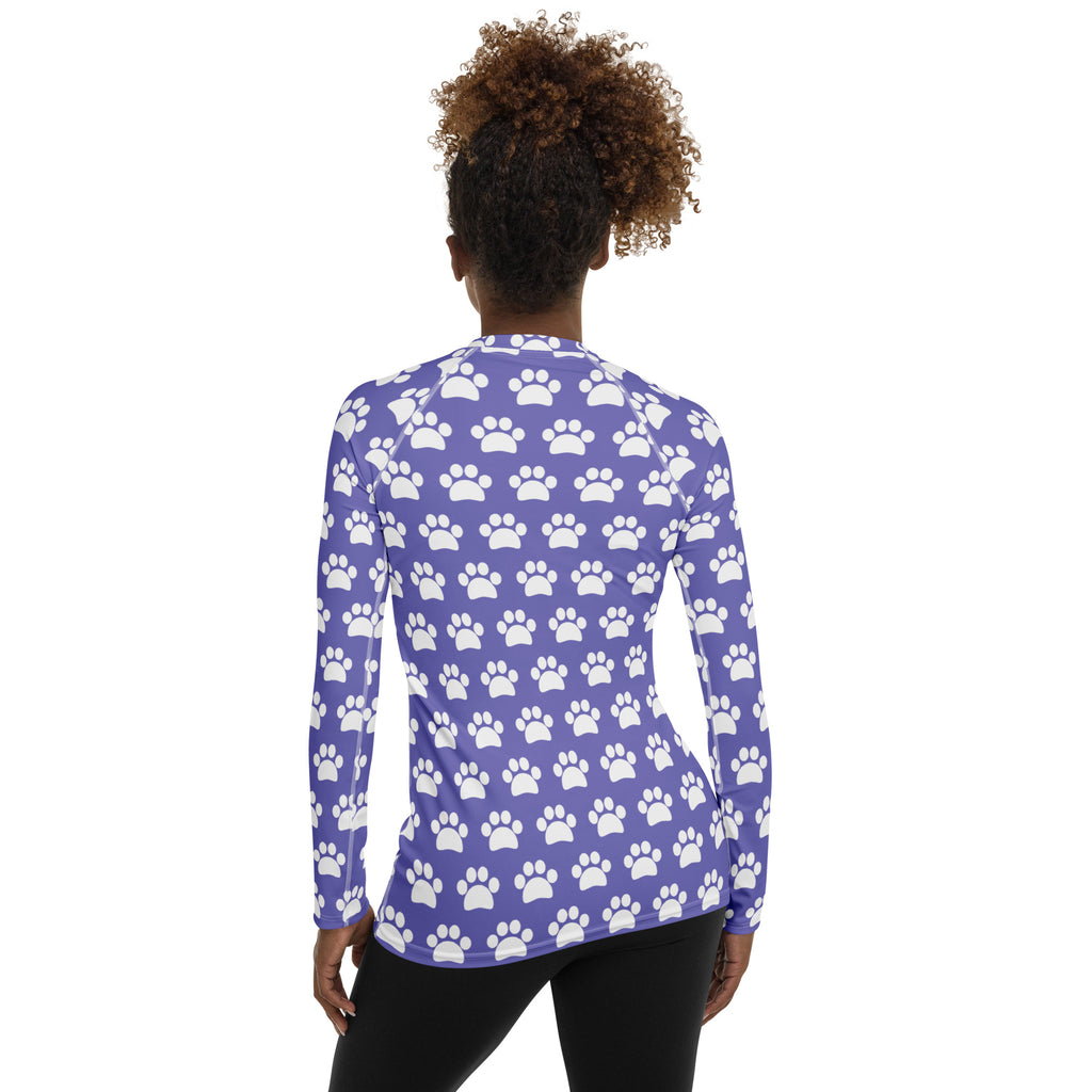 Women's Purple Paw Print Long Sleeve Rash Guard Swim Shirt – Buttery Soft, Sun Safe UPF 50+ Protection, Quick Dry & 4-Way Stretch Comfort