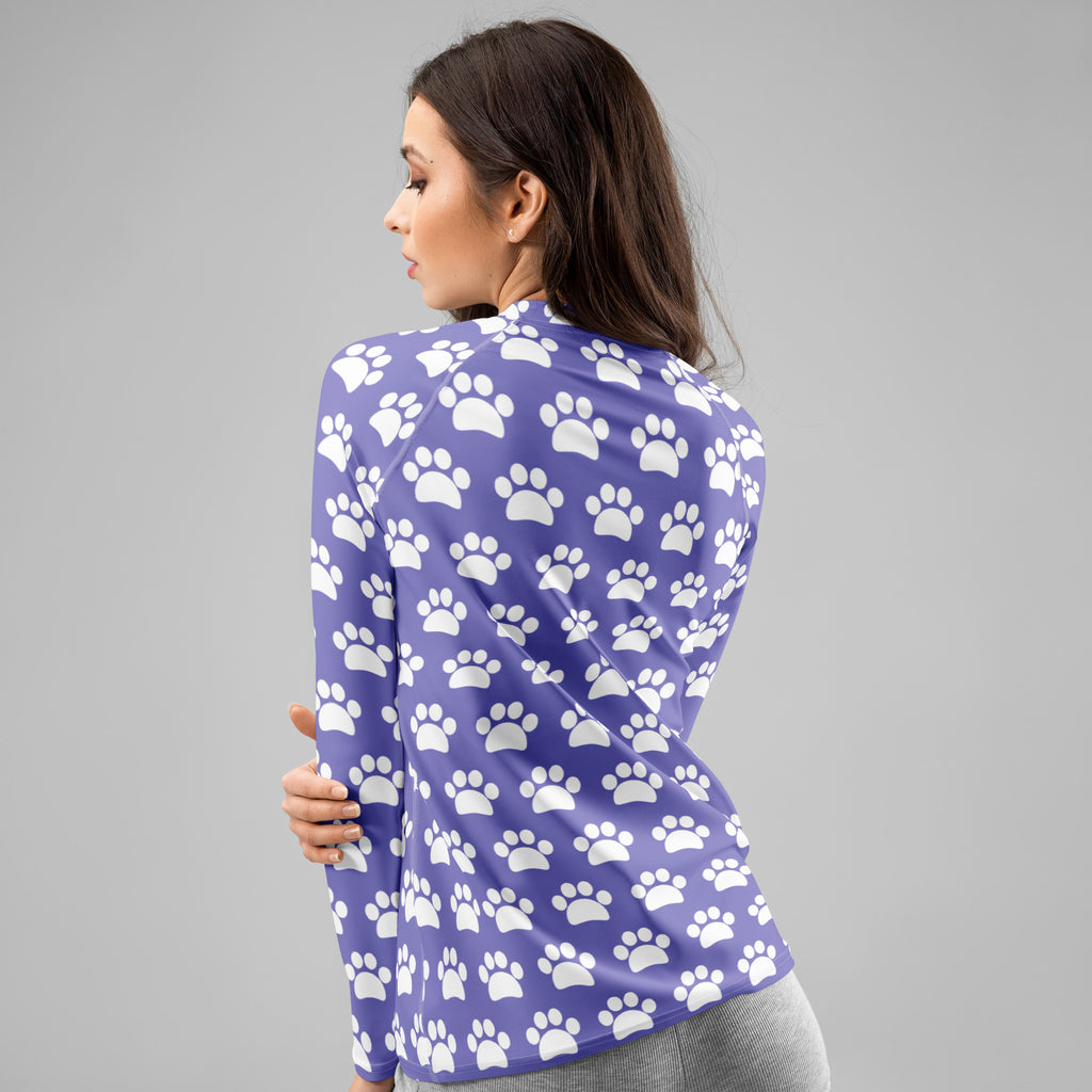 Women's Purple Paw Print Long Sleeve Rash Guard Swim Shirt – Buttery Soft, Sun Safe UPF 50+ Protection, Quick Dry & 4-Way Stretch Comfort