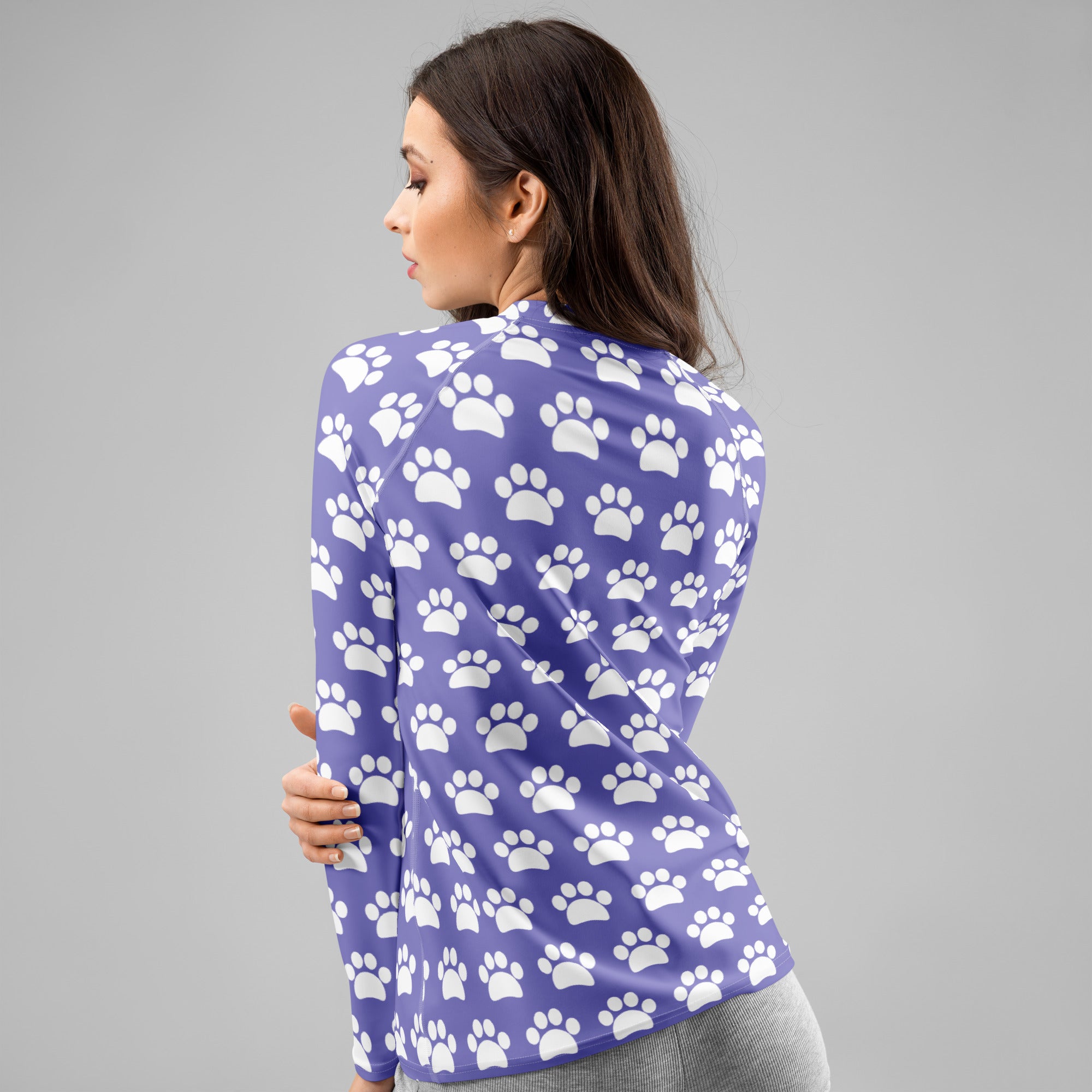 Women's Purple Paw Print Long Sleeve Rash Guard Swim Shirt – Buttery Soft, Sun Safe UPF 50+ Protection, Quick Dry & 4-Way Stretch Comfort