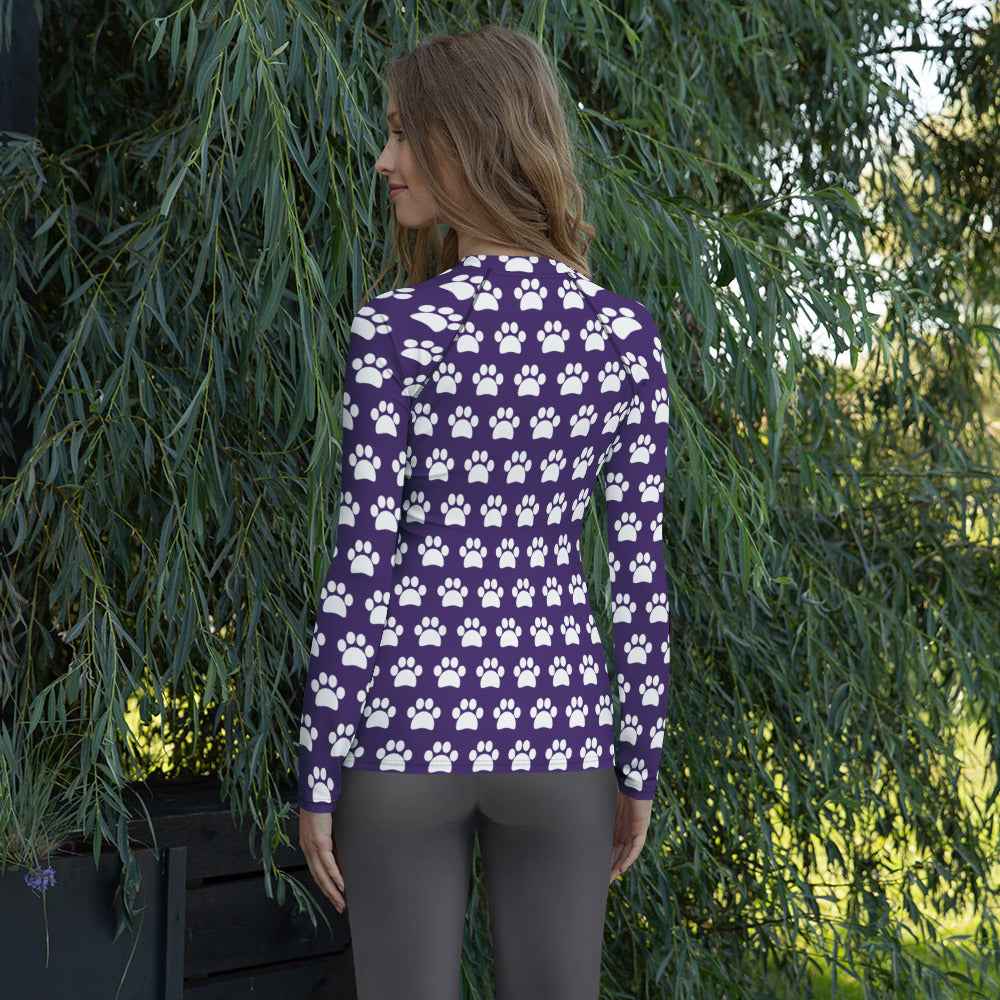 Women's Dark Purple Paw Print Long Sleeve Rash Guard Swim Shirt – Buttery Soft, Sun Safe UPF 50+ Protection, Quick Dry & 4-Way Stretch Comfort