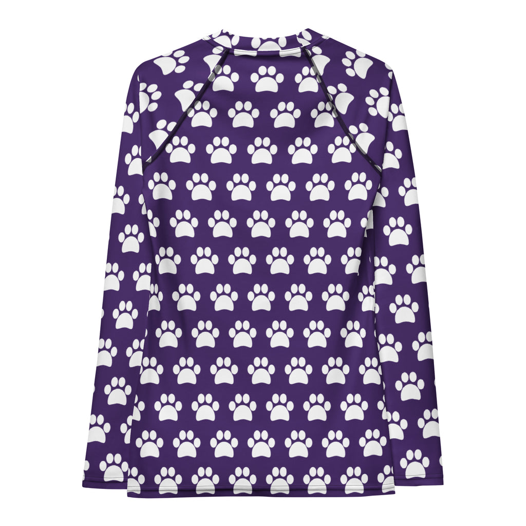 Women's Dark Purple Paw Print Long Sleeve Rash Guard Swim Shirt – Buttery Soft, Sun Safe UPF 50+ Protection, Quick Dry & 4-Way Stretch Comfort