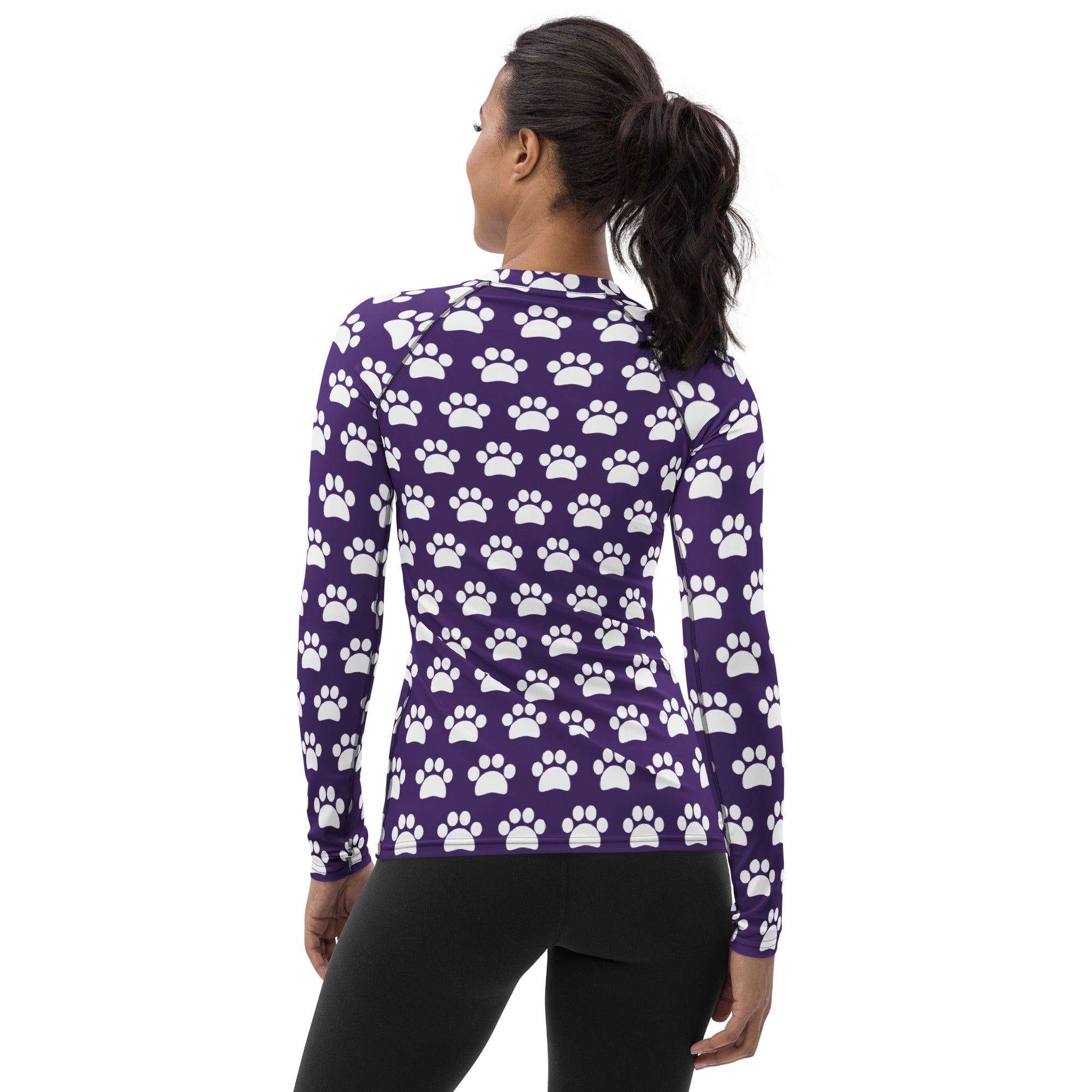 Women's Dark Purple Paw Print Long Sleeve Rash Guard Swim Shirt – Buttery Soft, Sun Safe UPF 50+ Protection, Quick Dry & 4-Way Stretch Comfort
