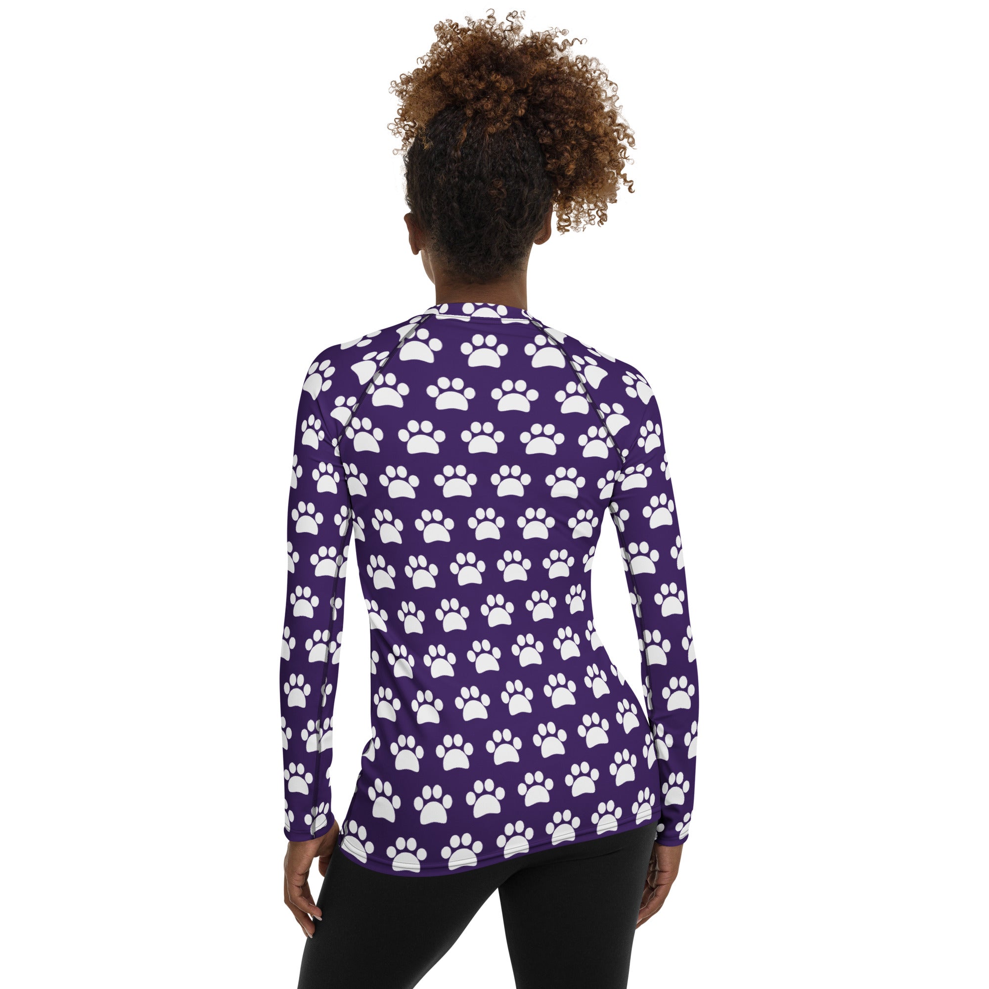 Women's Dark Purple Paw Print Long Sleeve Rash Guard Swim Shirt – Buttery Soft, Sun Safe UPF 50+ Protection, Quick Dry & 4-Way Stretch Comfort