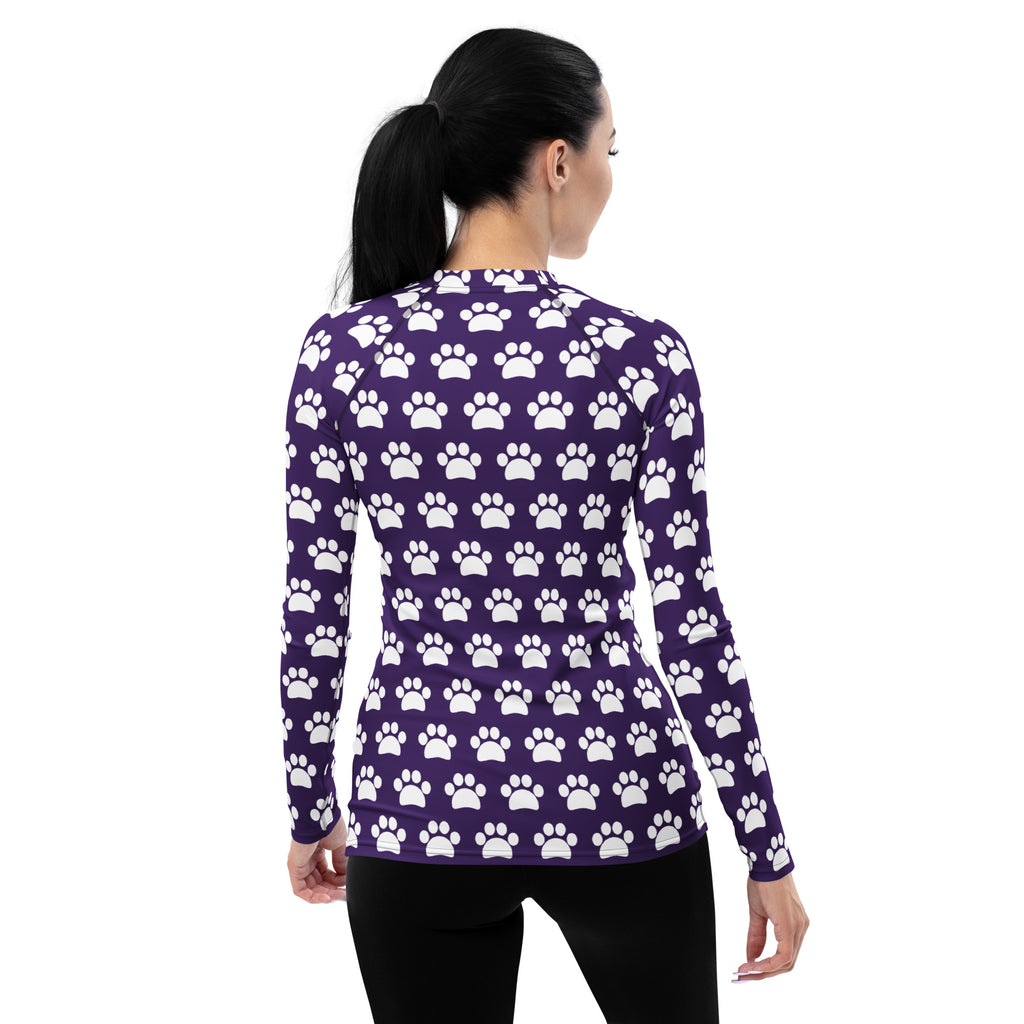 Women's Dark Purple Paw Print Long Sleeve Rash Guard Swim Shirt – Buttery Soft, Sun Safe UPF 50+ Protection, Quick Dry & 4-Way Stretch Comfort