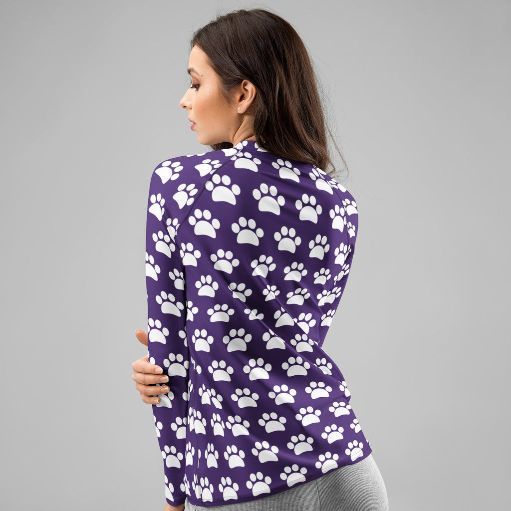 Women's Dark Purple Paw Print Long Sleeve Rash Guard Swim Shirt – Buttery Soft, Sun Safe UPF 50+ Protection, Quick Dry & 4-Way Stretch Comfort