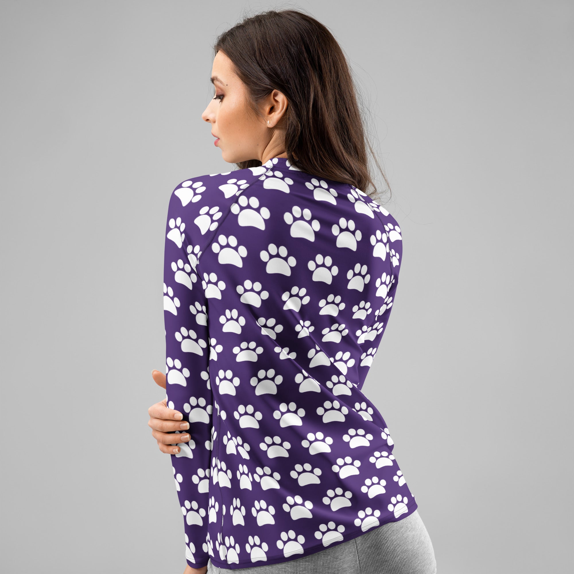 Women's Dark Purple Paw Print Long Sleeve Rash Guard Swim Shirt – Buttery Soft, Sun Safe UPF 50+ Protection, Quick Dry & 4-Way Stretch Comfort
