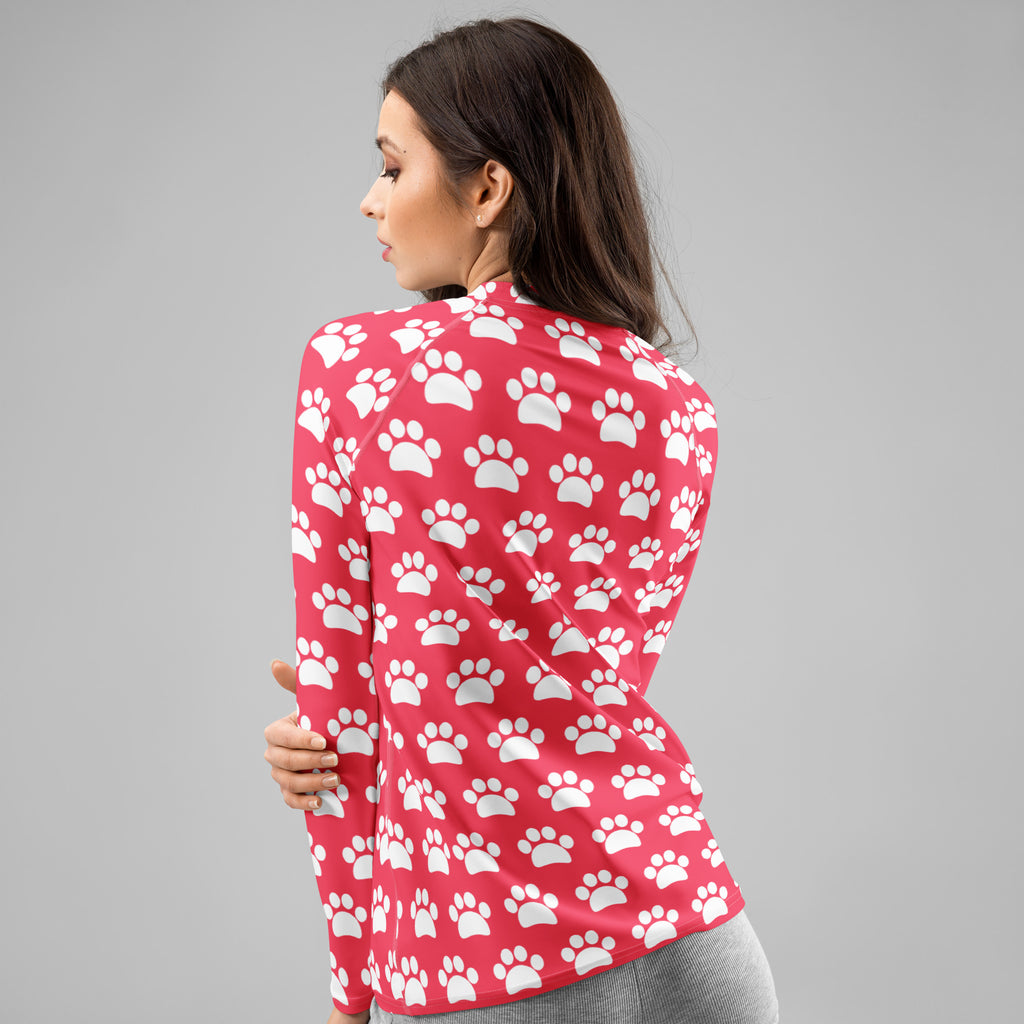 Women's Bright Pink Paw Print Long Sleeve Rash Guard Swim Shirt – Buttery Soft, Sun Safe UPF 50+ Protection, Quick Dry & 4-Way Stretch Comfort