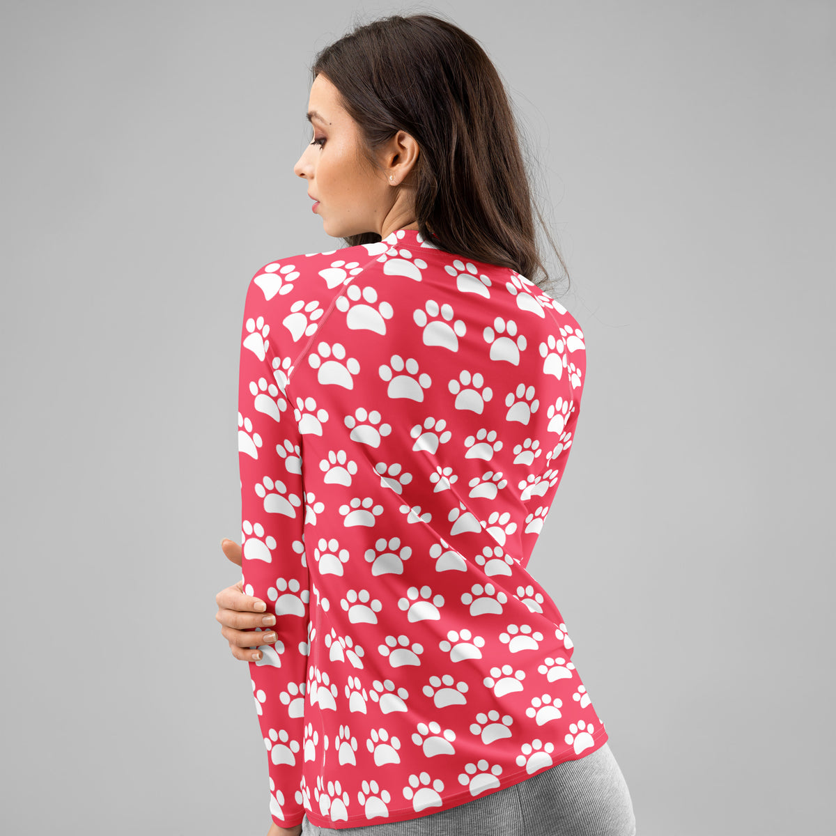 Women's Bright Pink Paw Print Long Sleeve Rash Guard Swim Shirt – Buttery Soft, Sun Safe UPF 50+ Protection, Quick Dry & 4-Way Stretch Comfort