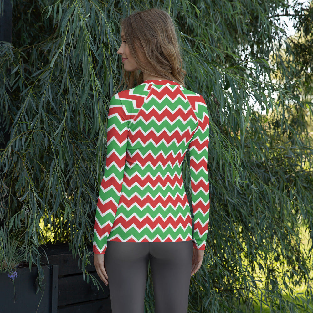Women's Christmas Chevron Long Sleeve Rash Guard Swim Shirt – Buttery Soft, Sun Safe UPF 50+ Protection, Quick Dry & 4-Way Stretch Comfort
