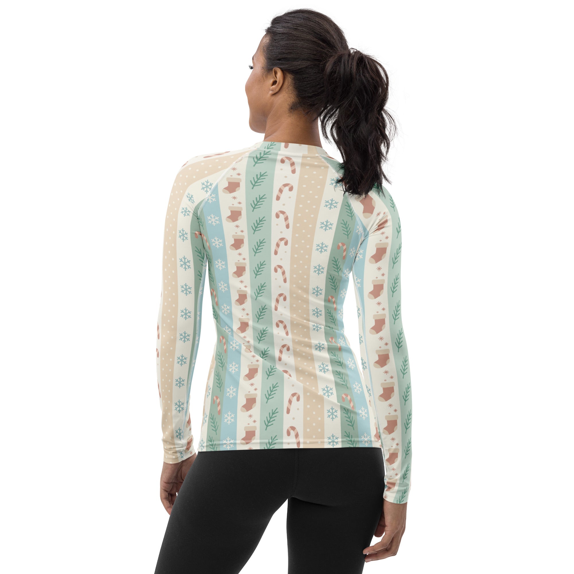 Women's Candy Cane Snowflake Holiday Stripe Long Sleeve Rash Guard Swim Shirt – Buttery Soft, Sun Safe UPF 50+ Protection, Quick Dry & 4-Way Stretch Comfort