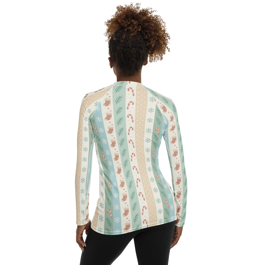 Women's Candy Cane Snowflake Holiday Stripe Long Sleeve Rash Guard Swim Shirt – Buttery Soft, Sun Safe UPF 50+ Protection, Quick Dry & 4-Way Stretch Comfort