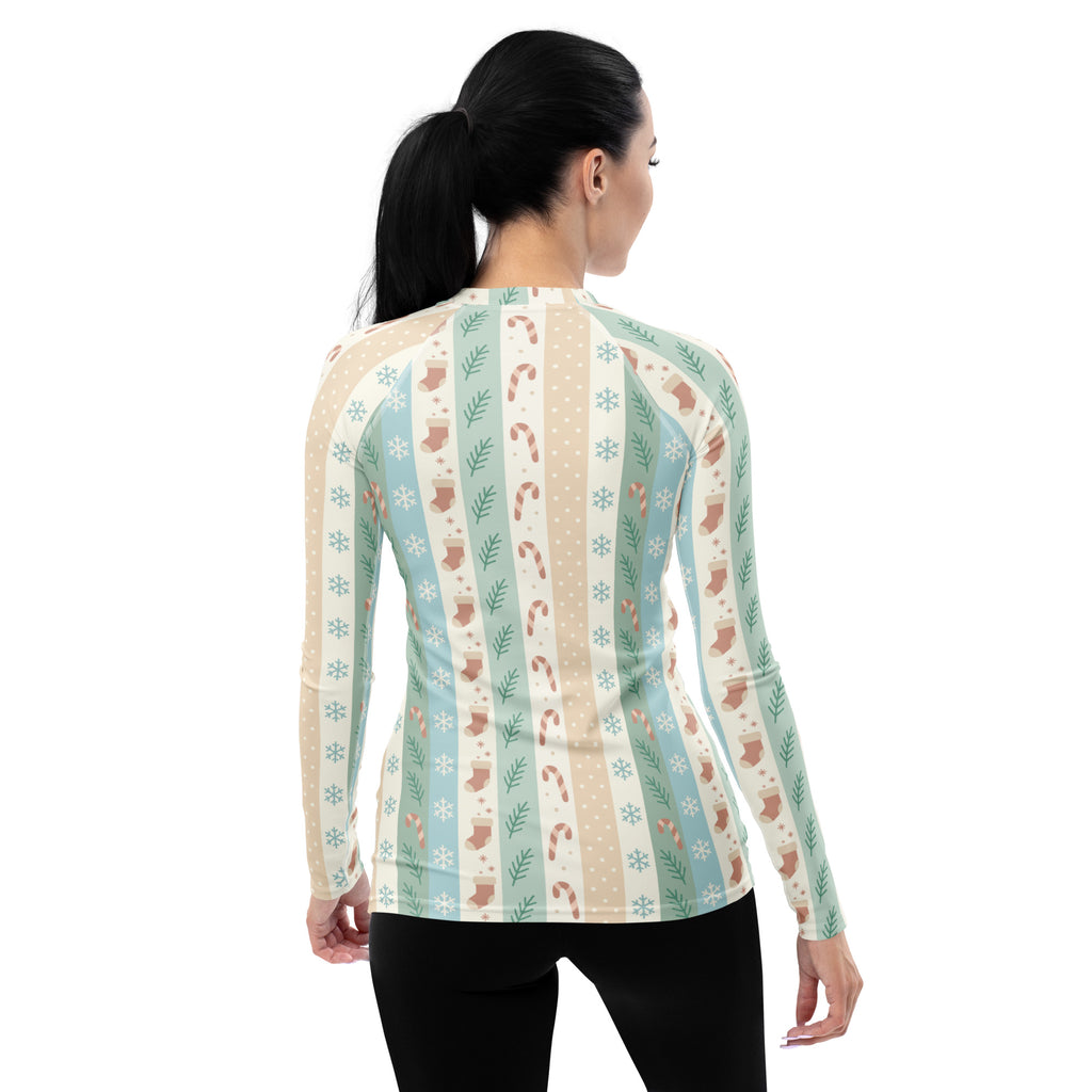 Women's Candy Cane Snowflake Holiday Stripe Long Sleeve Rash Guard Swim Shirt – Buttery Soft, Sun Safe UPF 50+ Protection, Quick Dry & 4-Way Stretch Comfort