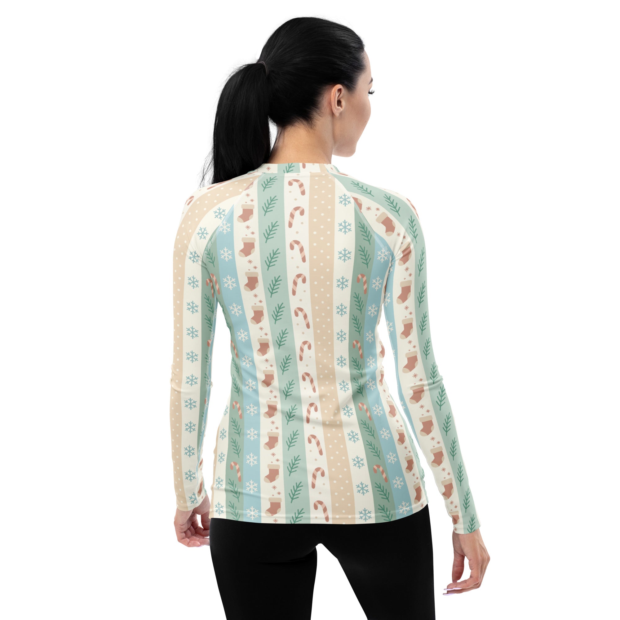 Women's Candy Cane Snowflake Holiday Stripe Long Sleeve Rash Guard Swim Shirt – Buttery Soft, Sun Safe UPF 50+ Protection, Quick Dry & 4-Way Stretch Comfort