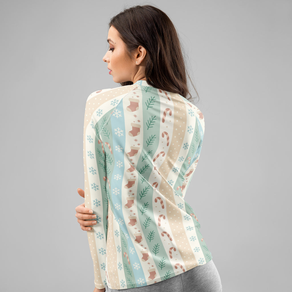 Women's Candy Cane Snowflake Holiday Stripe Long Sleeve Rash Guard Swim Shirt – Buttery Soft, Sun Safe UPF 50+ Protection, Quick Dry & 4-Way Stretch Comfort