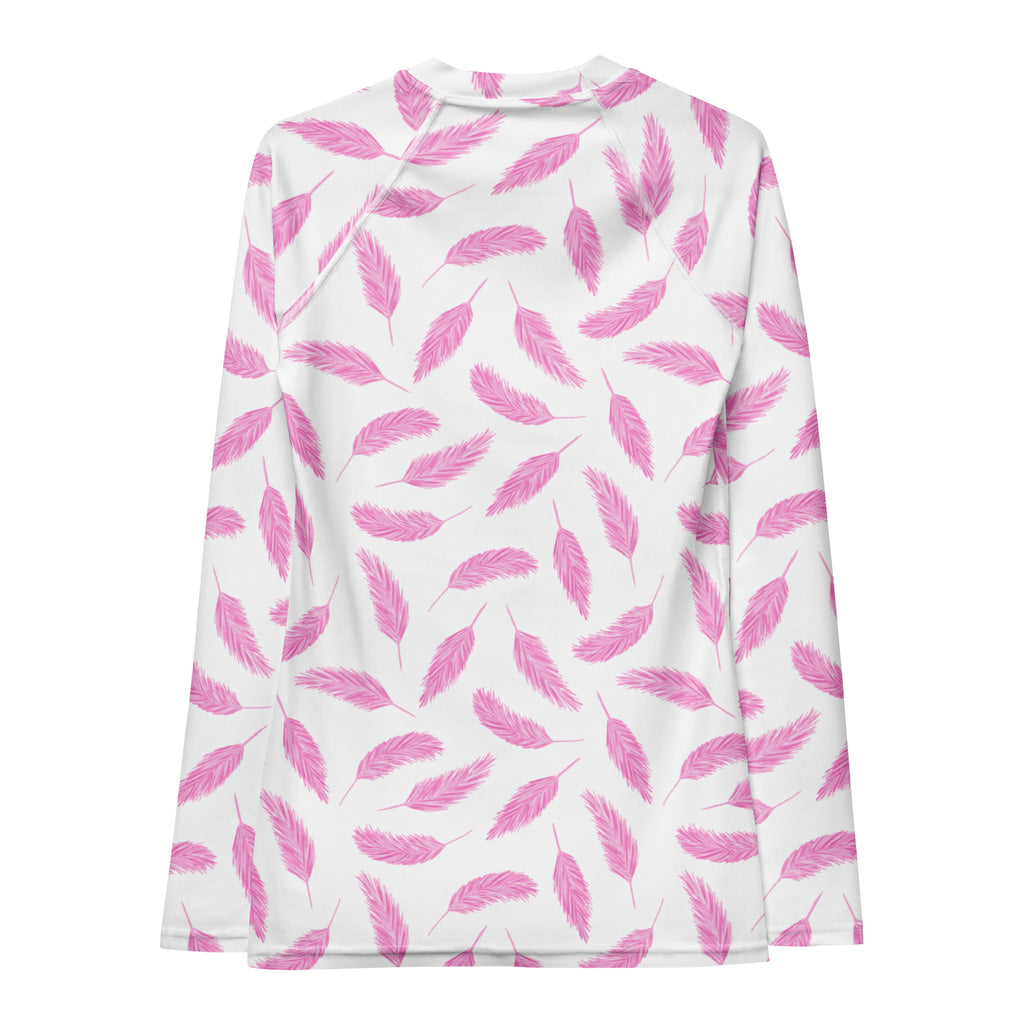 Women's Pink Flamingo Feather Long Sleeve Rash Guard Swim Shirt – Buttery Soft, Sun Safe UPF 50+ Protection, Quick Dry & 4-Way Stretch Comfort