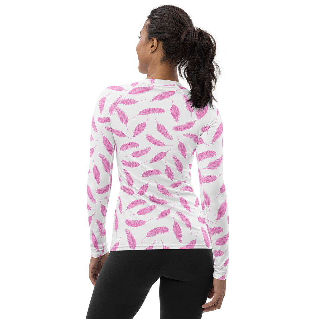 Women's Pink Flamingo Feather Long Sleeve Rash Guard Swim Shirt – Buttery Soft, Sun Safe UPF 50+ Protection, Quick Dry & 4-Way Stretch Comfort