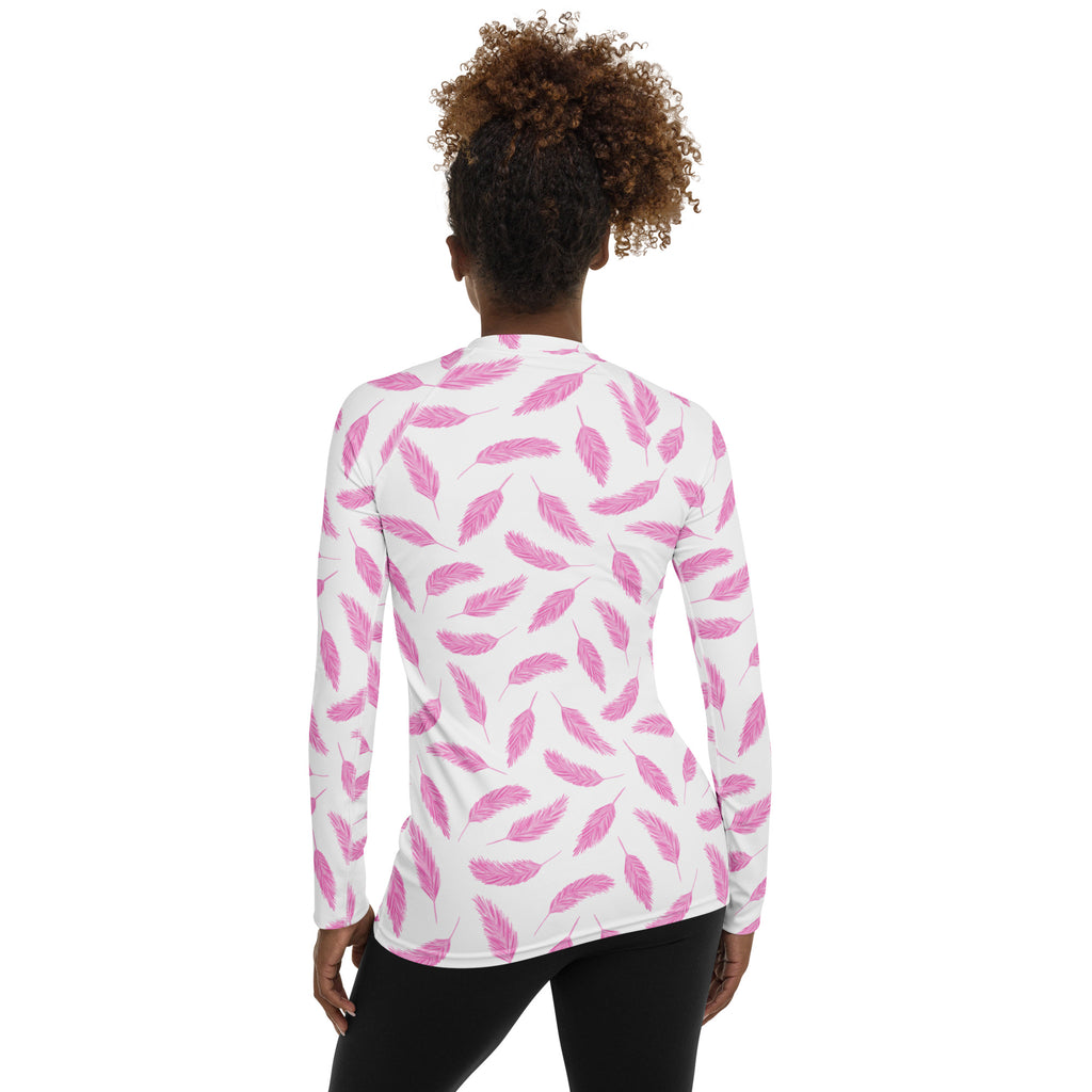 Women's Pink Flamingo Feather Long Sleeve Rash Guard Swim Shirt – Buttery Soft, Sun Safe UPF 50+ Protection, Quick Dry & 4-Way Stretch Comfort