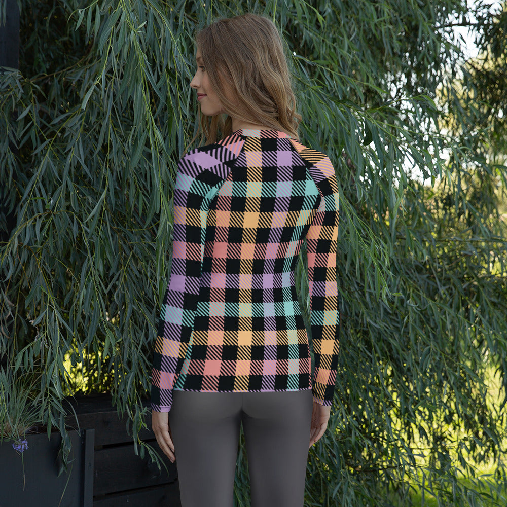 Women's Rainbow Plaid Long Sleeve Rash Guard Swim Shirt – Buttery Soft, Sun Safe UPF 50+ Protection, Quick Dry & 4-Way Stretch Comfort