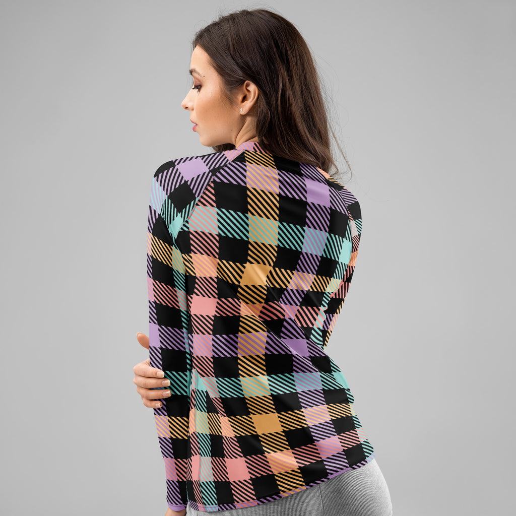 Women's Rainbow Plaid Long Sleeve Rash Guard Swim Shirt – Buttery Soft, Sun Safe UPF 50+ Protection, Quick Dry & 4-Way Stretch Comfort