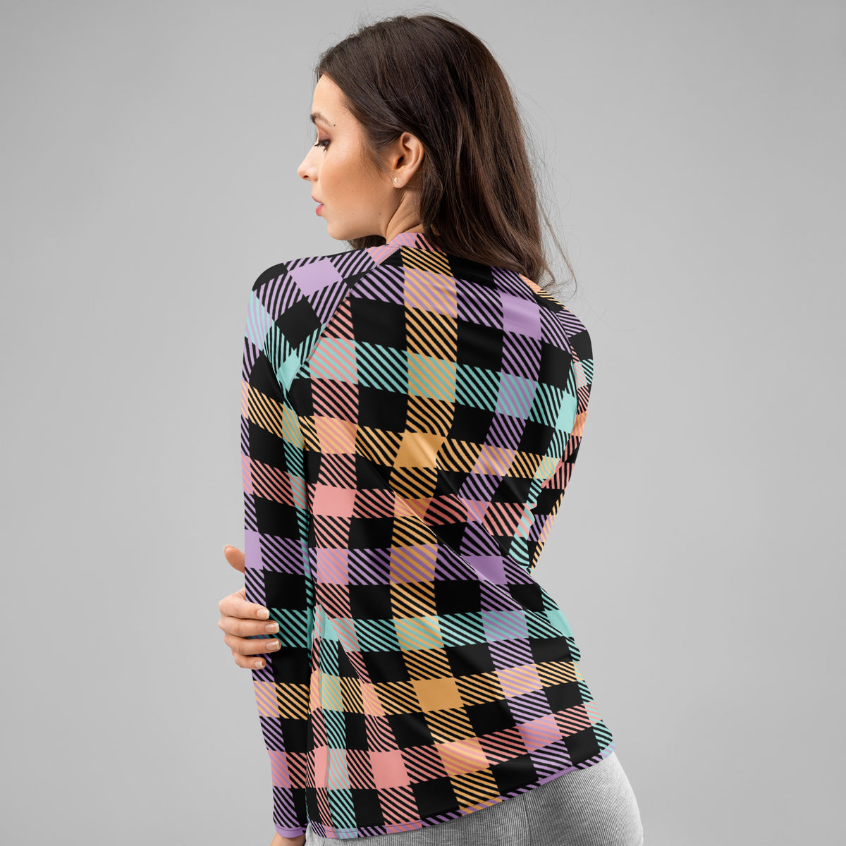 Women's Rainbow Plaid Long Sleeve Rash Guard Swim Shirt – Buttery Soft, Sun Safe UPF 50+ Protection, Quick Dry & 4-Way Stretch Comfort