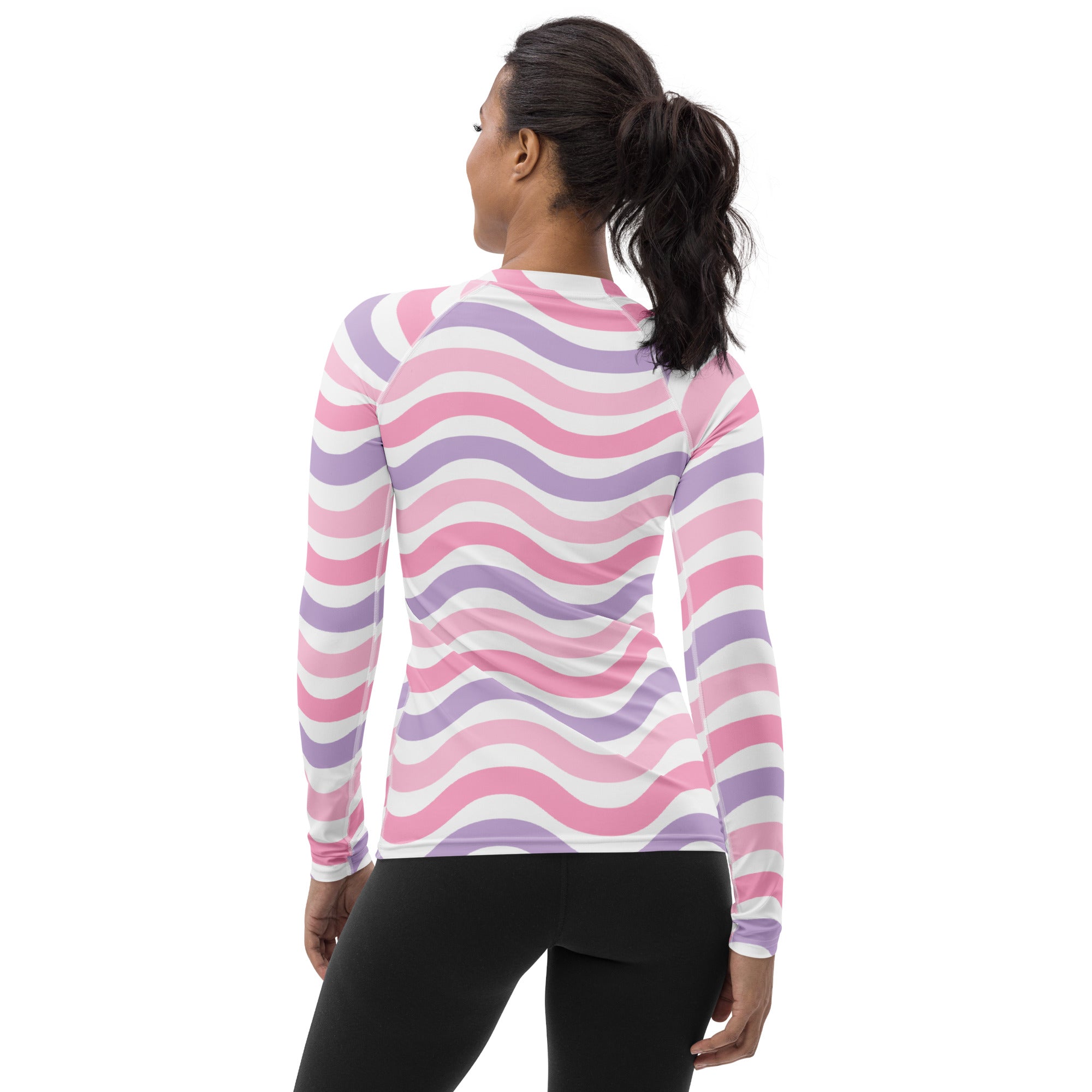 Women's Coastal Pink Purple Wavy Stripe Long Sleeve Rash Guard Swim Shirt – Buttery Soft, Sun Safe UPF 50+ Protection, Quick Dry & 4-Way Stretch Comfort