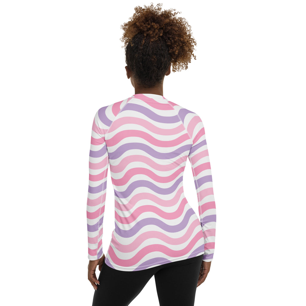 Women's Coastal Pink Purple Wavy Stripe Long Sleeve Rash Guard Swim Shirt – Buttery Soft, Sun Safe UPF 50+ Protection, Quick Dry & 4-Way Stretch Comfort