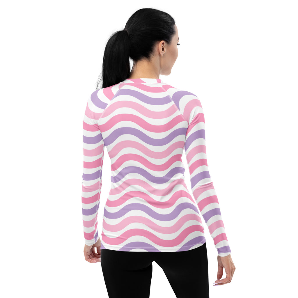 Women's Coastal Pink Purple Wavy Stripe Long Sleeve Rash Guard Swim Shirt – Buttery Soft, Sun Safe UPF 50+ Protection, Quick Dry & 4-Way Stretch Comfort