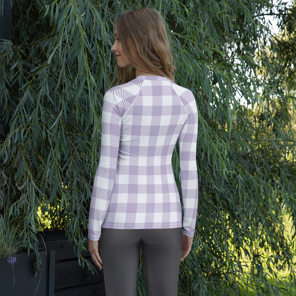 Women's Lavender Gingham Long Sleeve Rash Guard Swim Shirt – Buttery Soft, Sun Safe UPF 50+ Protection, Quick Dry & 4-Way Stretch Comfort