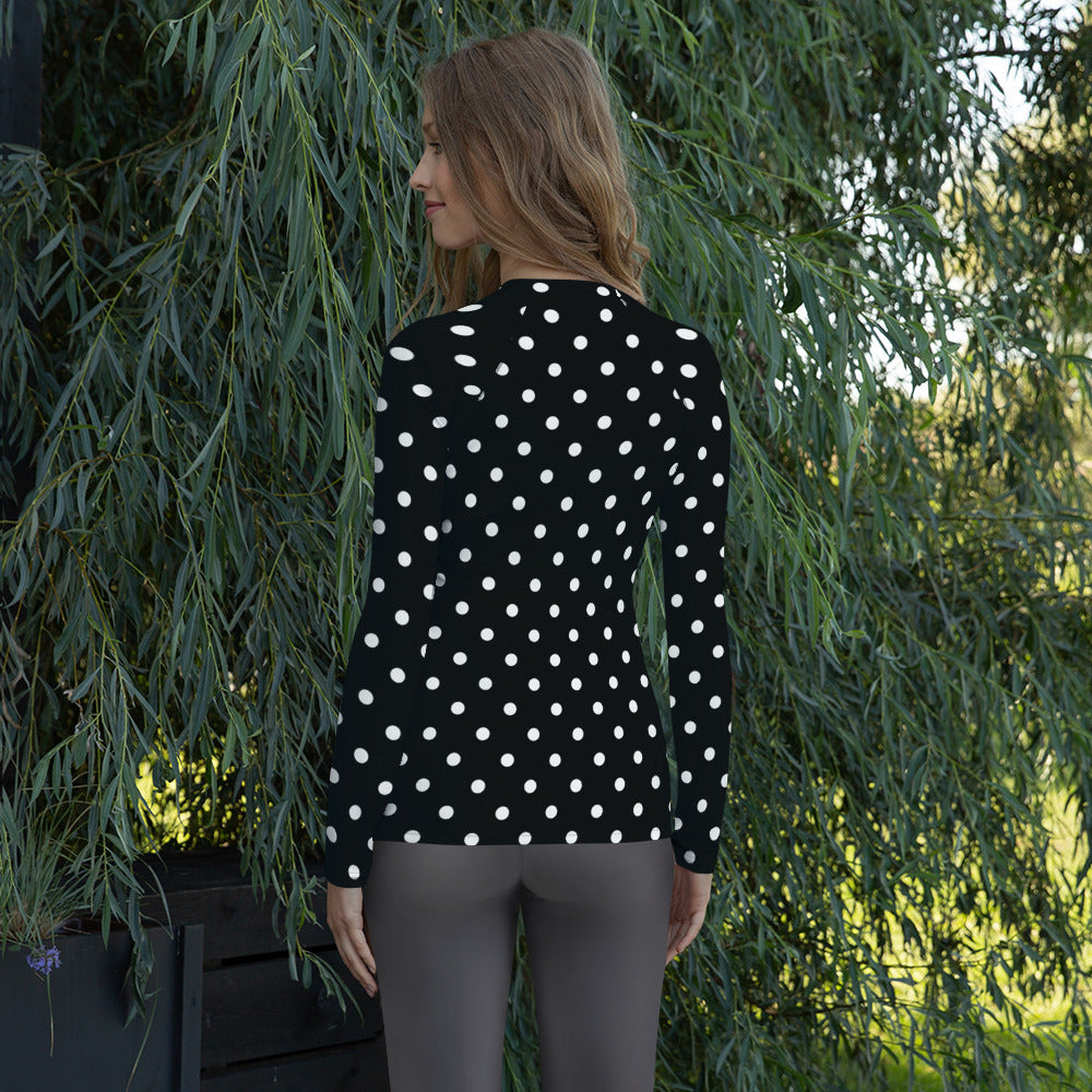 Women's Black Polka Dot Long Sleeve Rash Guard Swim Shirt – Buttery Soft, Sun Safe UPF 50+ Protection, Quick Dry & 4-Way Stretch Comfort