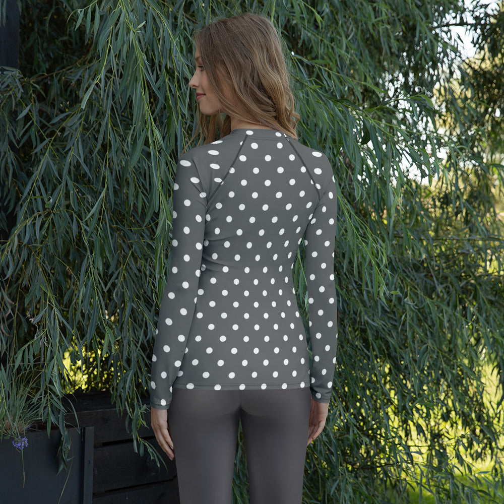 Women's Gray Polka Dot Long Sleeve Rash Guard Swim Shirt – Buttery Soft, Sun Safe UPF 50+ Protection, Quick Dry & 4-Way Stretch Comfort