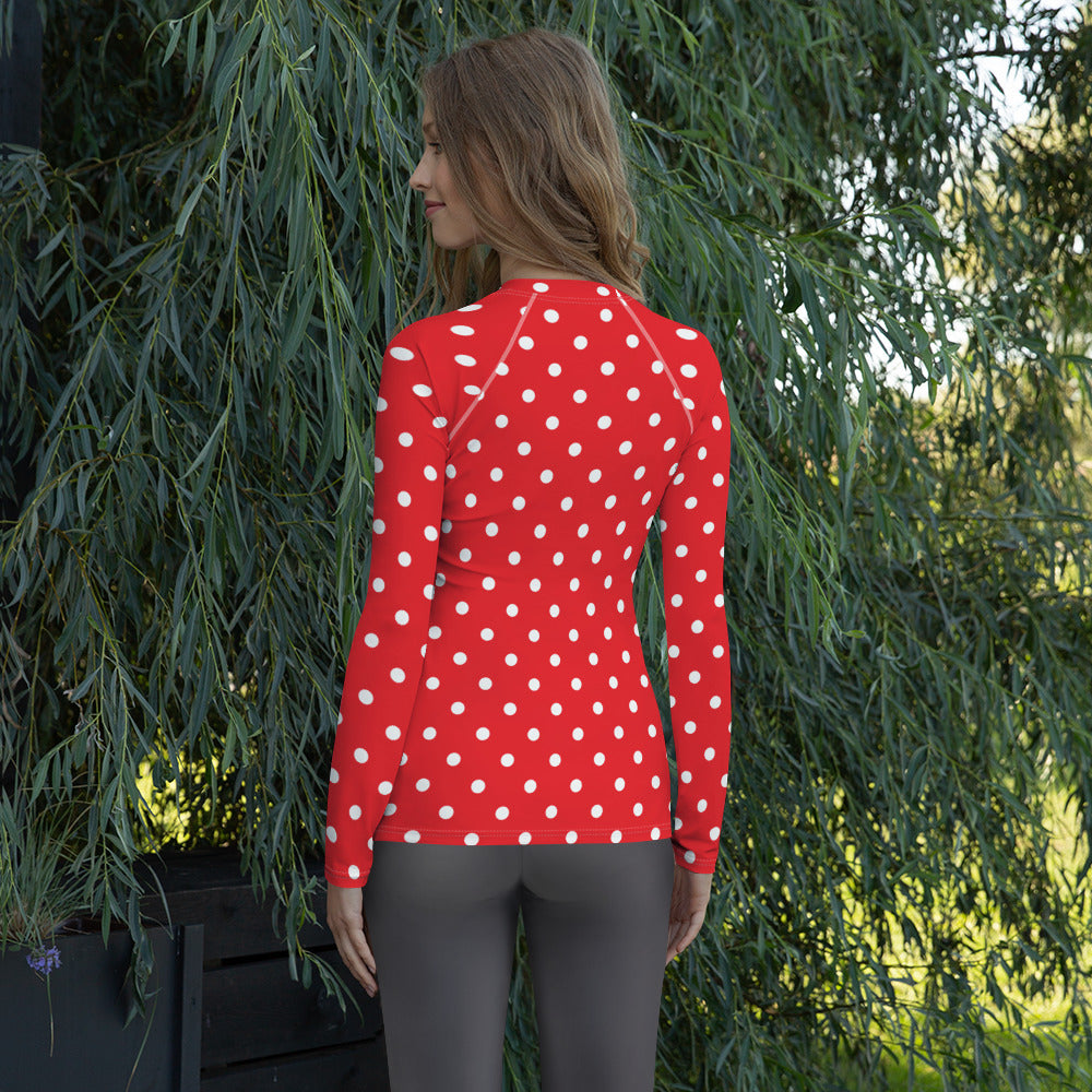Women's Red Polka Dot Long Sleeve Rash Guard Swim Shirt – Buttery Soft, Sun Safe UPF 50+ Protection, Quick Dry & 4-Way Stretch Comfort