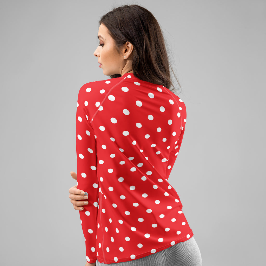 Women's Red Polka Dot Long Sleeve Rash Guard Swim Shirt – Buttery Soft, Sun Safe UPF 50+ Protection, Quick Dry & 4-Way Stretch Comfort