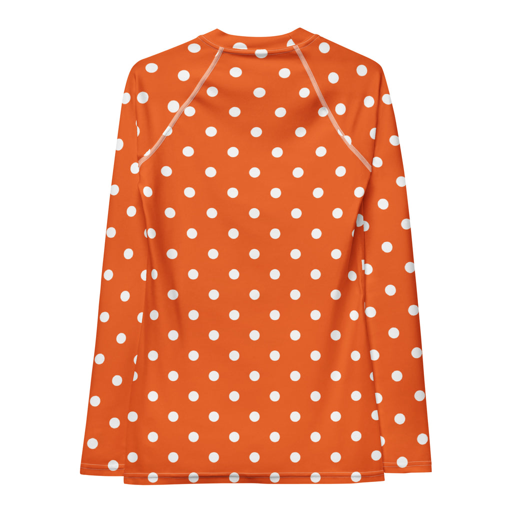 Women's Orange Polka Dot Long Sleeve Rash Guard Swim Shirt – Buttery Soft, Sun Safe UPF 50+ Protection, Quick Dry & 4-Way Stretch Comfort