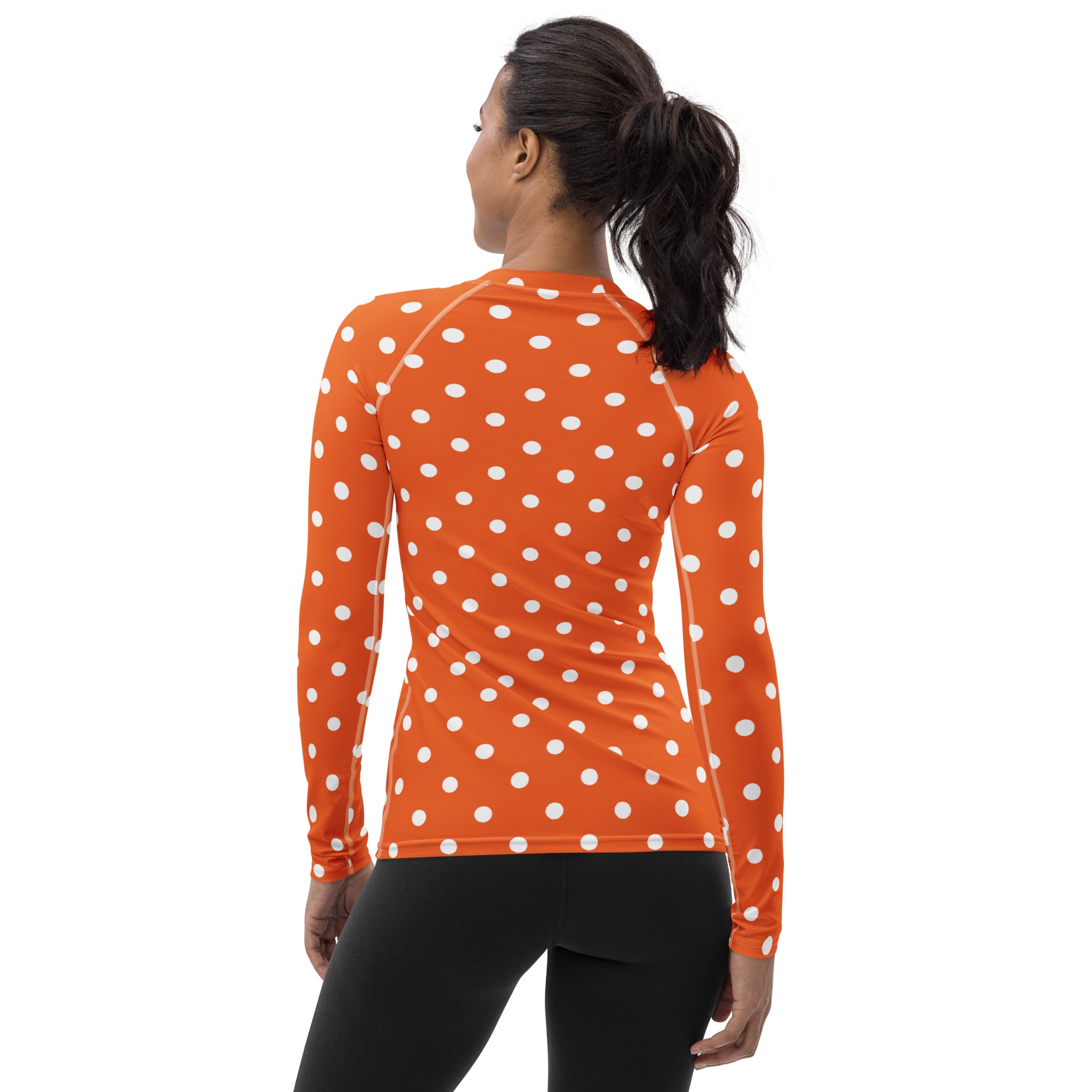 Women's Orange Polka Dot Long Sleeve Rash Guard Swim Shirt – Buttery Soft, Sun Safe UPF 50+ Protection, Quick Dry & 4-Way Stretch Comfort