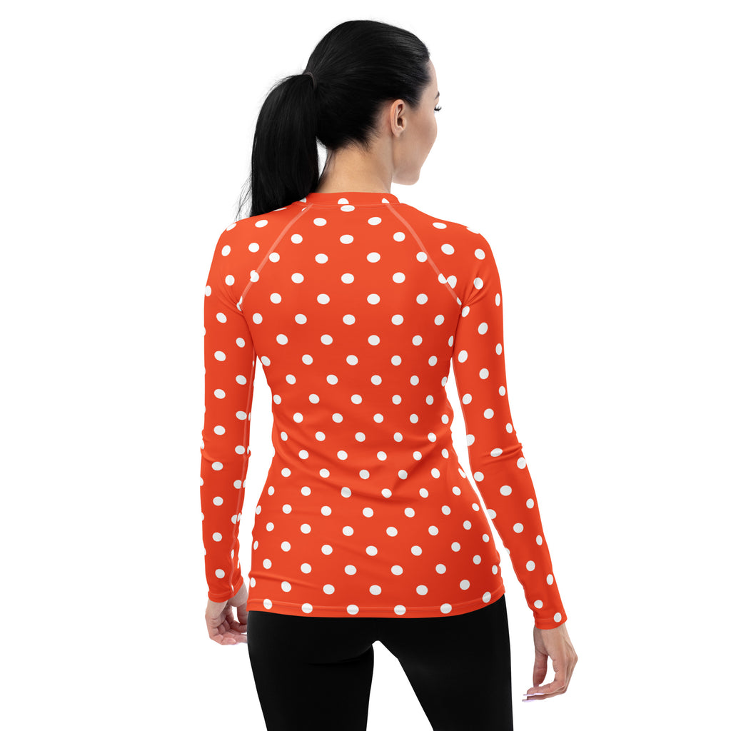 Women's Bright Orange Polka Dot Long Sleeve Rash Guard Swim Shirt – Buttery Soft, Sun Safe UPF 50+ Protection, Quick Dry & 4-Way Stretch Comfort