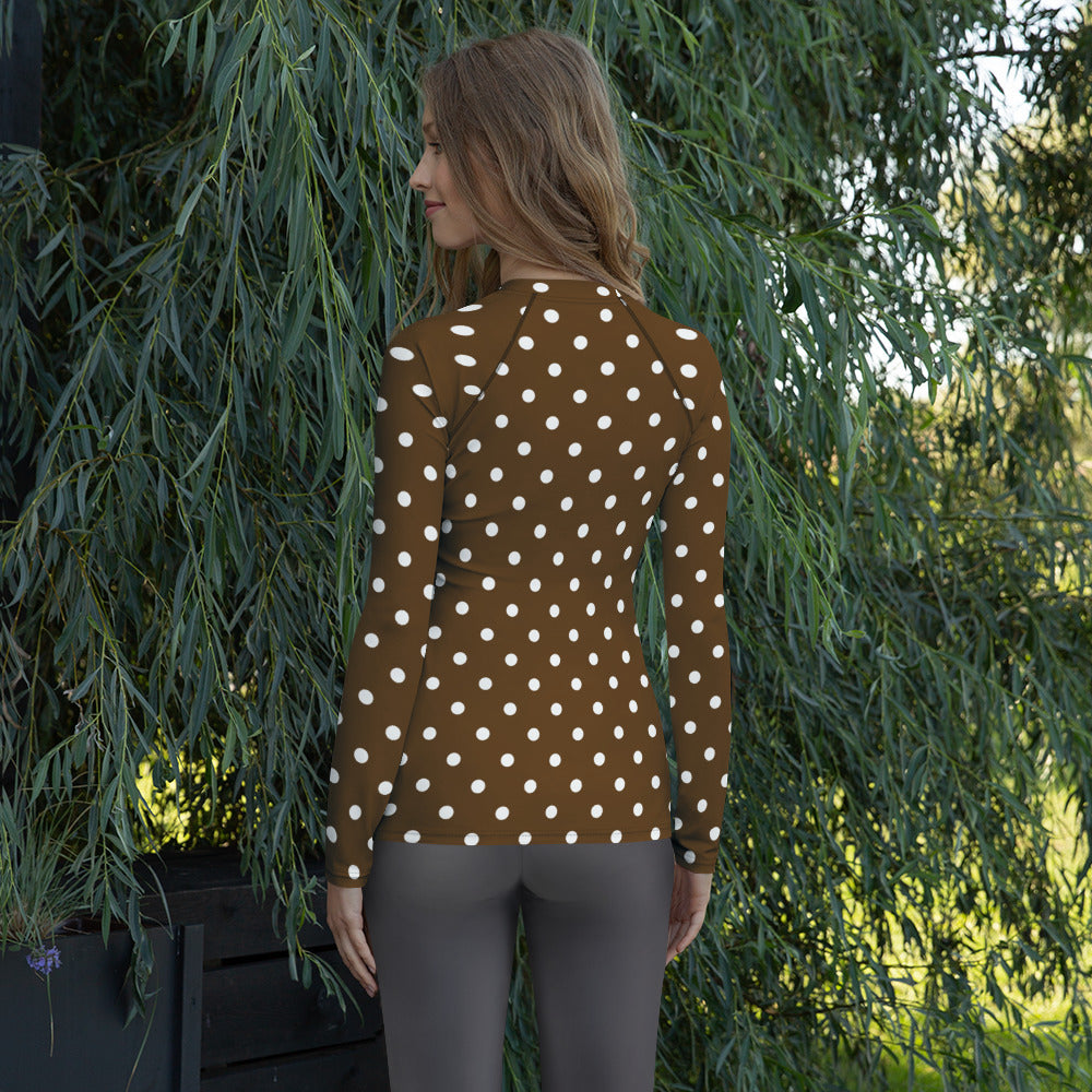 Women's Brown Polka Dot Long Sleeve Rash Guard Swim Shirt – Buttery Soft, Sun Safe UPF 50+ Protection, Quick Dry & 4-Way Stretch Comfort