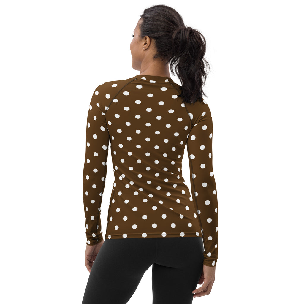 Women's Brown Polka Dot Long Sleeve Rash Guard Swim Shirt – Buttery Soft, Sun Safe UPF 50+ Protection, Quick Dry & 4-Way Stretch Comfort