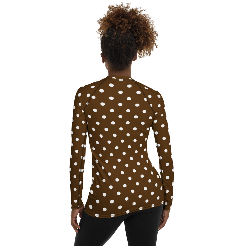 Women's Brown Polka Dot Long Sleeve Rash Guard Swim Shirt – Buttery Soft, Sun Safe UPF 50+ Protection, Quick Dry & 4-Way Stretch Comfort