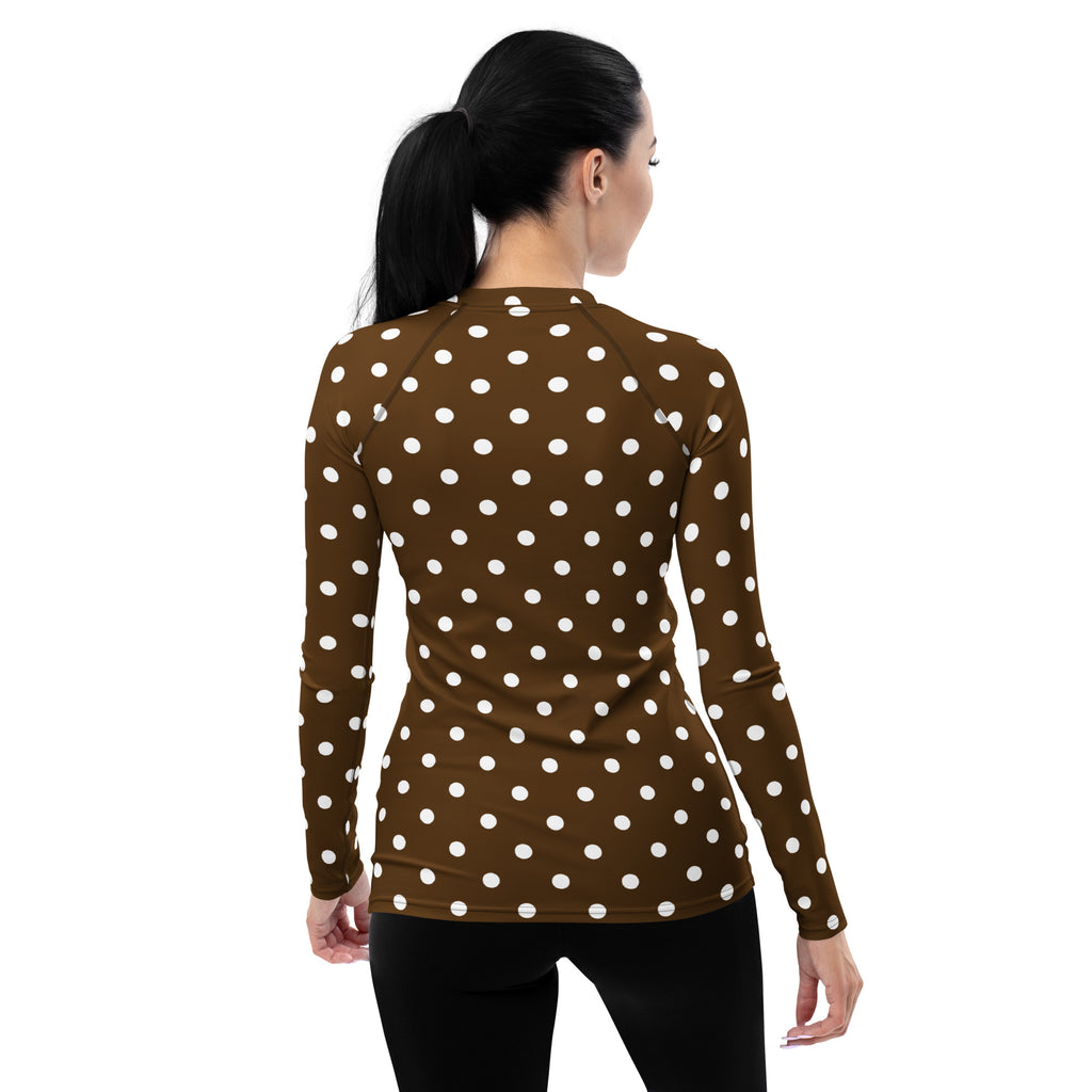 Women's Brown Polka Dot Long Sleeve Rash Guard Swim Shirt – Buttery Soft, Sun Safe UPF 50+ Protection, Quick Dry & 4-Way Stretch Comfort