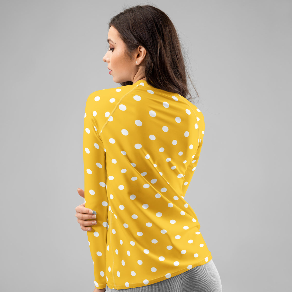 Women's Yellow Polka Dot Long Sleeve Rash Guard Swim Shirt – Buttery Soft, Sun Safe UPF 50+ Protection, Quick Dry & 4-Way Stretch Comfort