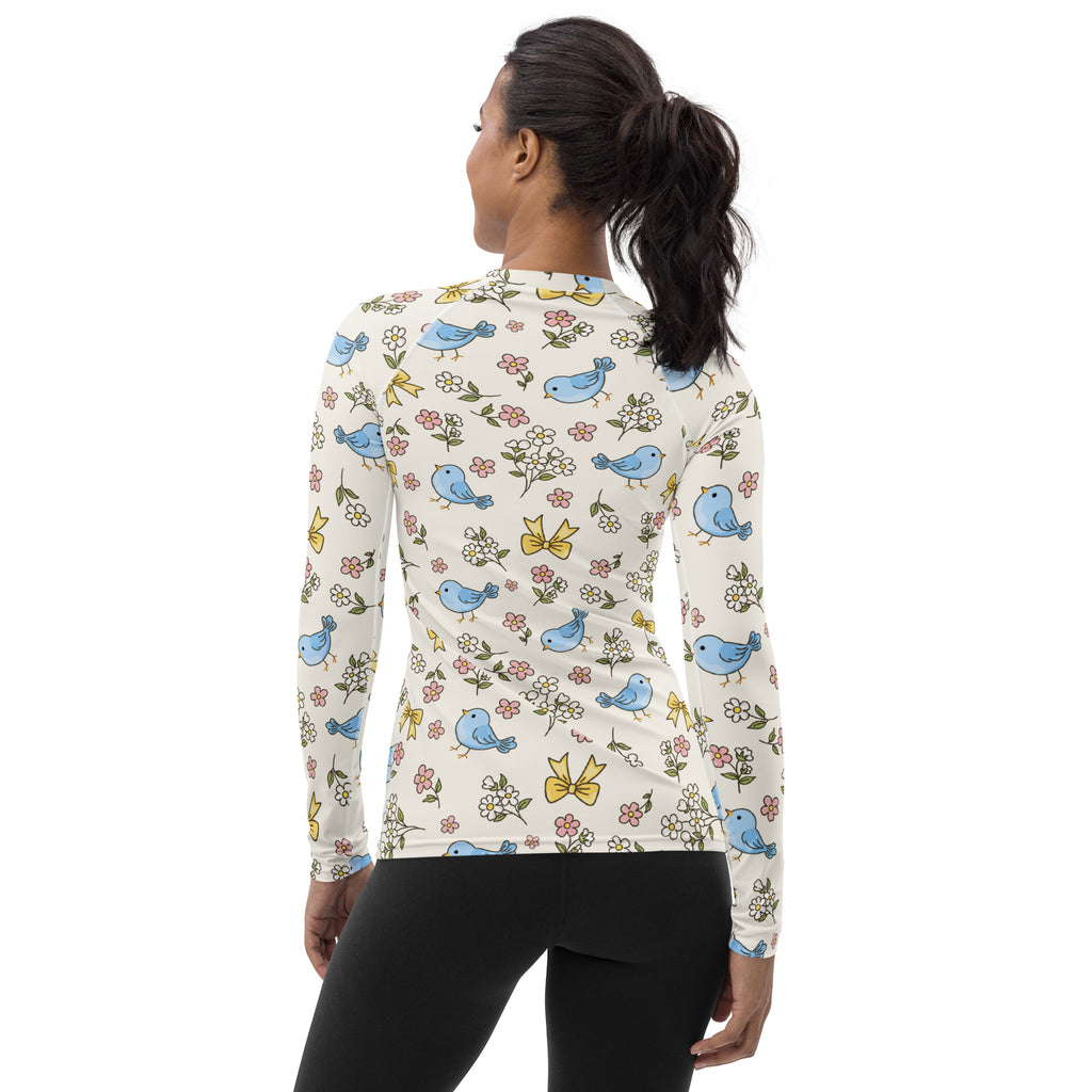 Women's Blue Bird Floral Long Sleeve Rash Guard Swim Shirt – Buttery Soft, Sun Safe UPF 50+ Protection, Quick Dry & 4-Way Stretch Comfort