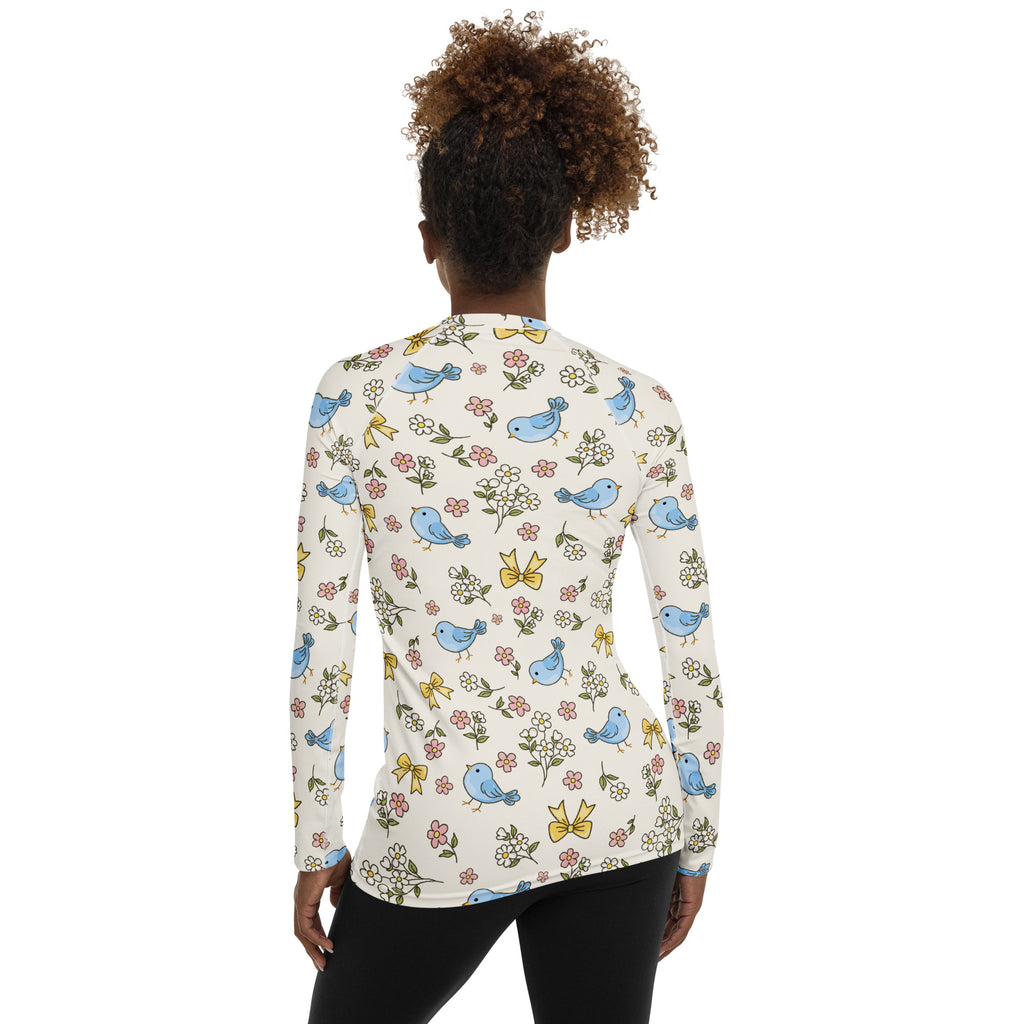 Women's Blue Bird Floral Long Sleeve Rash Guard Swim Shirt – Buttery Soft, Sun Safe UPF 50+ Protection, Quick Dry & 4-Way Stretch Comfort