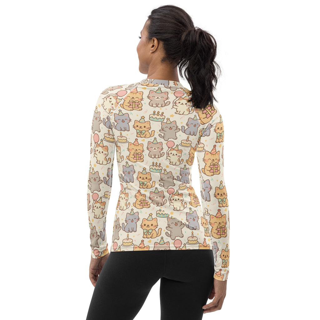 Women's Kitten Birthday Long Sleeve Rash Guard Swim Shirt – Buttery Soft, Sun Safe UPF 50+ Protection, Quick Dry & 4-Way Stretch Comfort