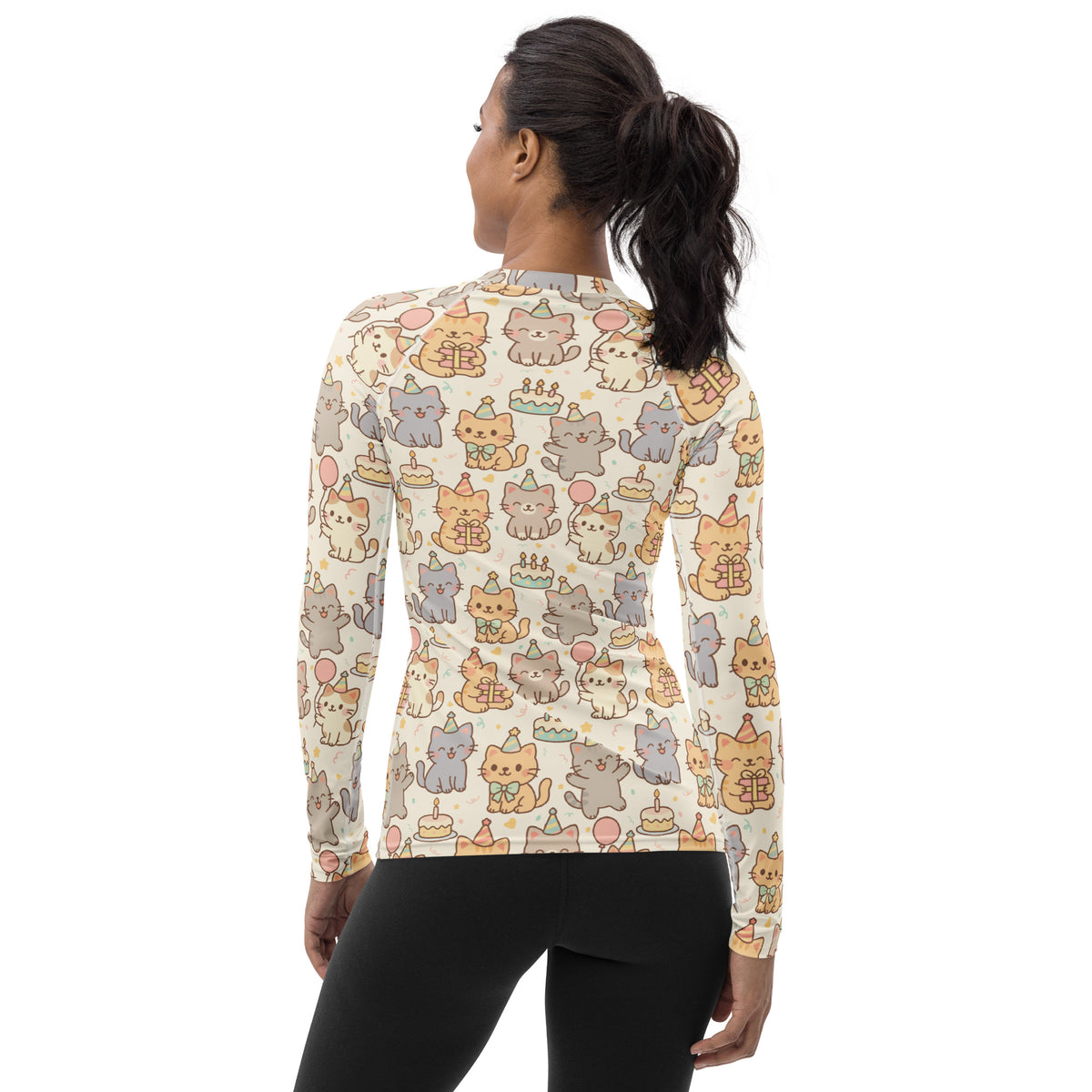Women's Kitten Birthday Long Sleeve Rash Guard Swim Shirt – Buttery Soft, Sun Safe UPF 50+ Protection, Quick Dry & 4-Way Stretch Comfort