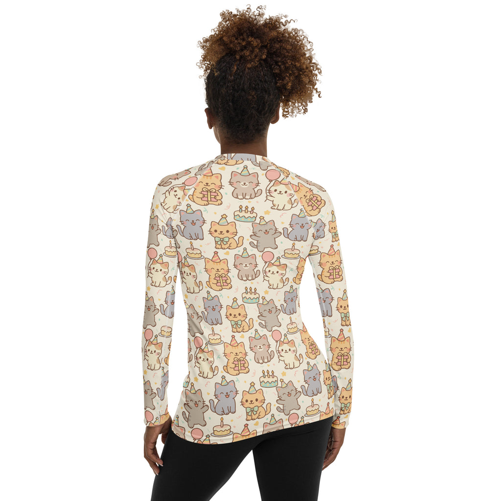 Women's Kitten Birthday Long Sleeve Rash Guard Swim Shirt – Buttery Soft, Sun Safe UPF 50+ Protection, Quick Dry & 4-Way Stretch Comfort
