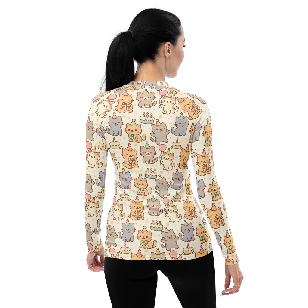 Women's Kitten Birthday Long Sleeve Rash Guard Swim Shirt – Buttery Soft, Sun Safe UPF 50+ Protection, Quick Dry & 4-Way Stretch Comfort