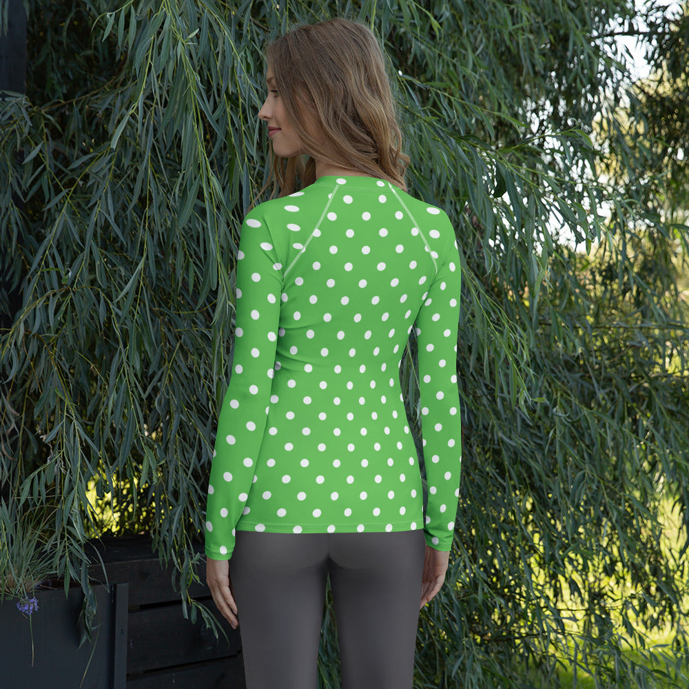 Women's Green Polka Dot Long Sleeve Rash Guard Swim Shirt – Buttery Soft, Sun Safe UPF 50+ Protection, Quick Dry & 4-Way Stretch Comfort