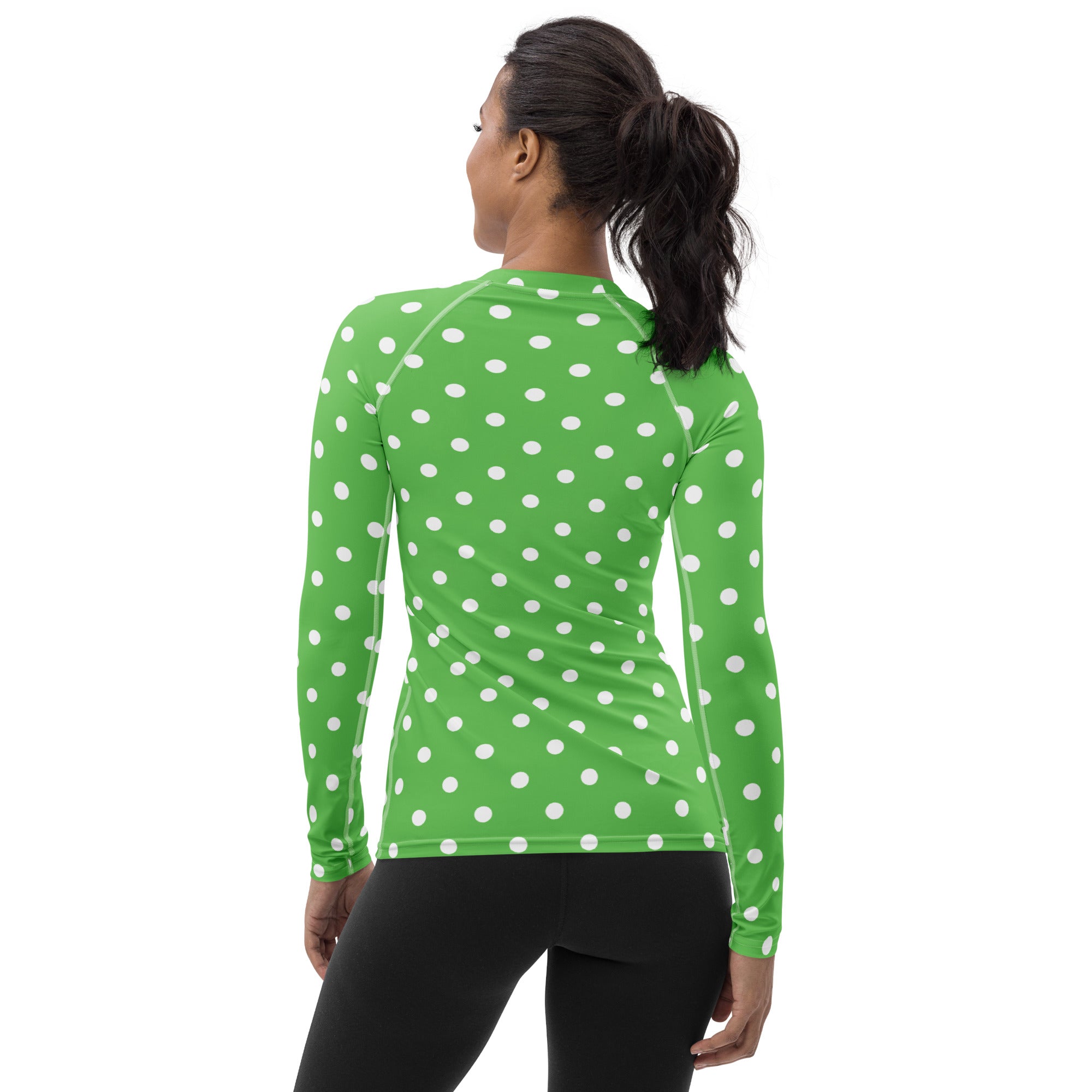 Women's Green Polka Dot Long Sleeve Rash Guard Swim Shirt – Buttery Soft, Sun Safe UPF 50+ Protection, Quick Dry & 4-Way Stretch Comfort