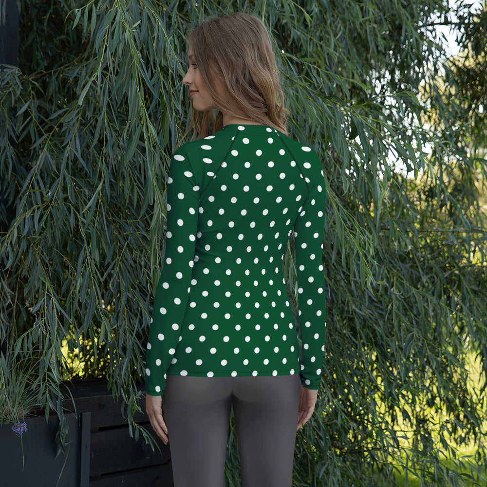 Women's Forest Green Polka Dot Long Sleeve Rash Guard Swim Shirt – Buttery Soft, Sun Safe UPF 50+ Protection, Quick Dry & 4-Way Stretch Comfort